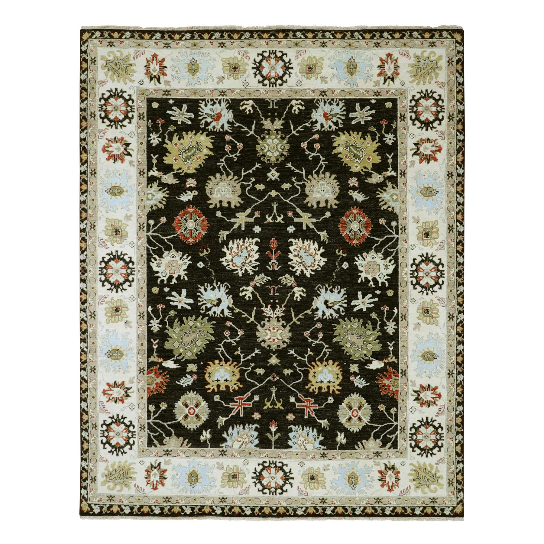 Raven Black, Agra with Ziegler Design, Colorful Leaf Pattern, Hand Knotted, 100% Wool, Natural Dyes, Oriental Rug